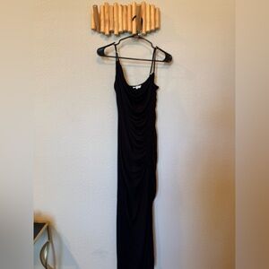 Good American Black Ruched Midi Slip Dress